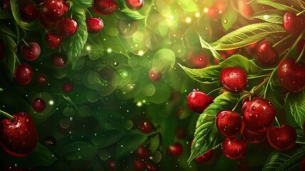 A background of ripe juicy cherries among green leaves on a green background. A sweet healthy snack.