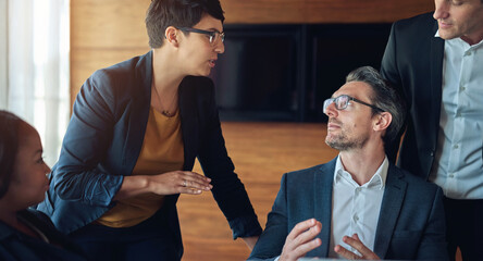 Aufkleber - Business, people and discussion in office in meeting for ideas on project with teamwork and collaboration. Employee, strategy and boardroom with conversation as partners in law firm and lawyers