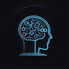 Sticker - icon of blue human head silhouette with brain isolated on black background, vector ready for design 