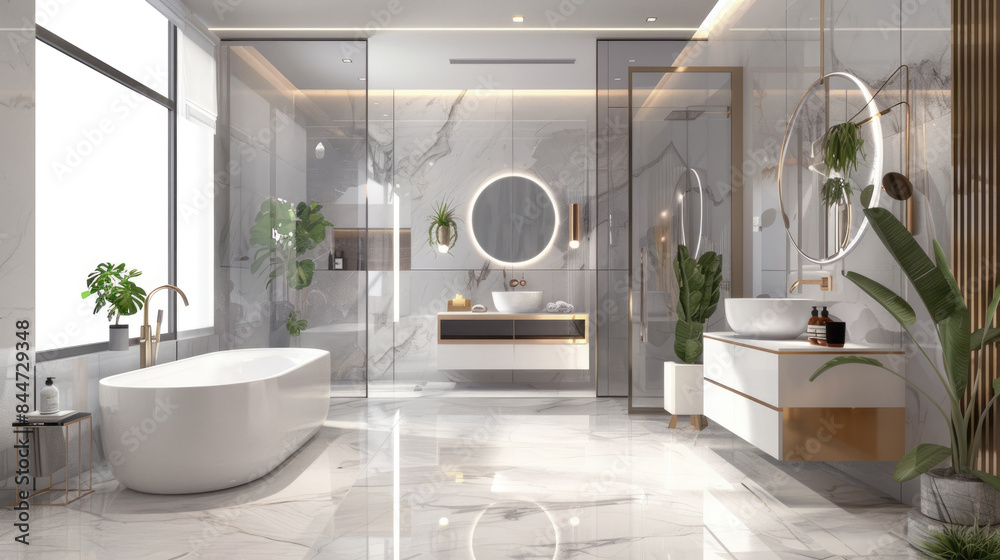 Luxurious bathroom in a modern style with white marble, sanitary ware ...