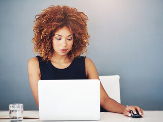 Poster - Business, thinking and black woman with laptop, employee and consultant in modern office. African person, worker and agent with internet, computer and connection for research, seo and website info