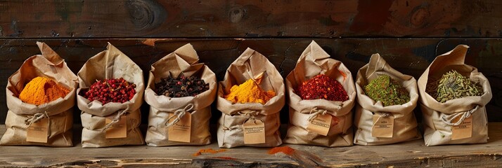 Poster - A collection of dried spices in open paper bags, displayed on a rustic wooden surface. The spices include turmeric, paprika, cinnamon, and other aromatic herbs. Generative AI