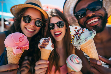 Wall Mural - Three Joyful Friends Enjoying Colorful Ice Cream Cones