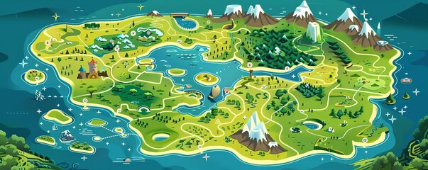 colorful fantasy map illustration of an imaginary island with mountains, forests, lakes, and castles