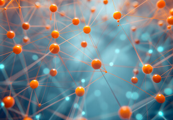 Canvas Print - Intricate Network of Connected Nodes and Dots in Orange and Blue Hues