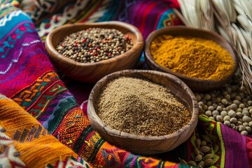 Poster - Close-up of traditional Mexican spices in bowls, including chili powder, cumin, and coriander seeds, arranged on a colorful fabric background. Generative AI