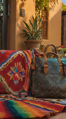 Wall Mural - brightly colored bags are sitting on a colorful blanket outside