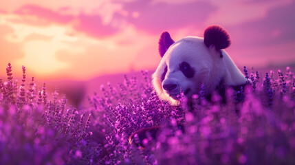 Wall Mural - A panda bear is sitting in a field of purple flowers. Scene is peaceful and serene, as the panda is surrounded by the calming beauty of the flowers