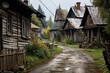 © juliars - Quaint, damp village street lined with weathered wooden homes in a serene countryside setting