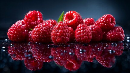 Fresh Raspberries with Reflection on Black Background