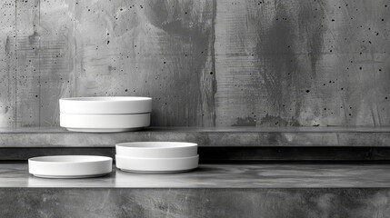 Wall Mural -  Two white bowls atop a counter, adjacent to a gray wall A black-and-white photograph of identical bowls hangs across from a table