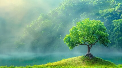 Wall Mural -  A tree painting on an island in a lake's center, encircled by lush greenery Foggy, midday
