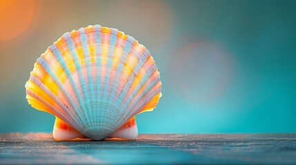  A close-up of a seashell on a wooden surface, with a centered blurred area featuring blues, yellows, oranges, and pinks