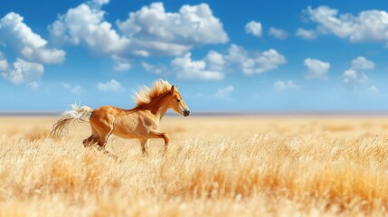  A horse gallops through a field of dry, golden grass beneath a clear blue sky Fluffy clouds scatter the background, with a few more hovering above the horse's tail
