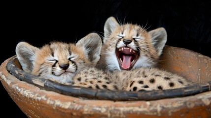  Two baby cheetahs in a terracotta bowl, one cub yawns widely, the other opens its mouth to yawn