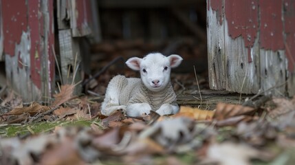 Wall Mural -  A baby lamb lies on the ground before a red-and-white barn Leaves scatter the terrain nearby, and the barn door stands open in front