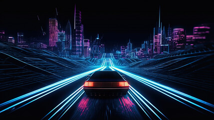 Wall Mural - Car ride on the neon road in 80s retro synthwave style