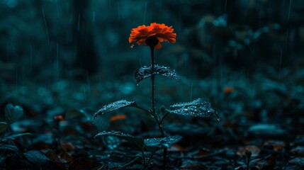  A solitary orange flower nestled in a sea of green grass Rain descended, drenching the scene In the backdrop, a dense forest loomed, its leafy can