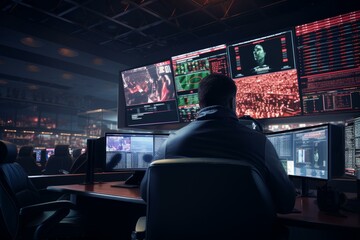 Poster - Professional security officer vigilantly oversees various live feeds on multiple screens in a dark control room