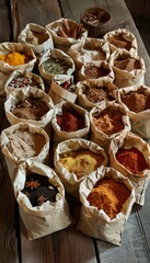 Poster - A collection of various spices, like turmeric, paprika, and cinnamon, are arranged in open paper bags on a rustic wooden surface. Generative AI