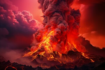 Wall Mural - Dramatic image of a powerful volcanic eruption with fiery lava and smoke against a vivid red sky