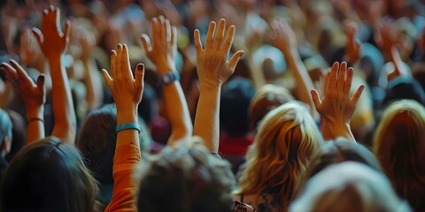 Worshipers raise hands in spiritual devotion at Christian gathering event. Concept Christian Worship, Spiritual Devotion, Religious Gathering, Raised Hands, Faith Community