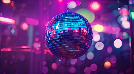 Wall Mural - A colorful disco mirror ball illuminates the backdrop of a nightclub. The party lights up the disco ball