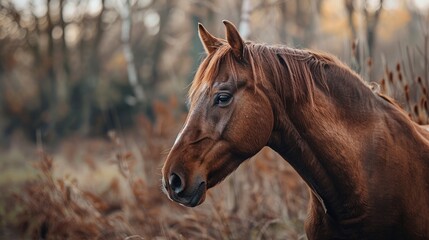 Sticker - A horse in its natural environment A portrait of a brown horse outdoors