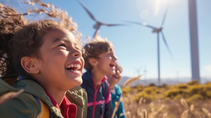 Wall Mural - Multicultural children smiling while wind blowing hair flow with wind surrounded with grass field and wind mill. Diverse elementary student standing with happy and laughing. Renewable energy. AIG42.