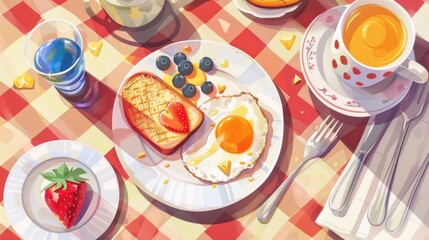 Wall Mural - checkered tablecloth a plate with a full breakfast generative ai