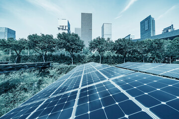 Wall Mural - solar panels with cityscape of modern city