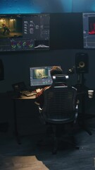 Fototapete - The video editor works in studio on computer, uses color grading control panel, edits video, makes color correction for movie. Big screens showing software interface with film footage and RGB graphic.