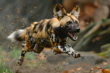 an african wild dog hunting, dynamic energy of a predator chasing its prey