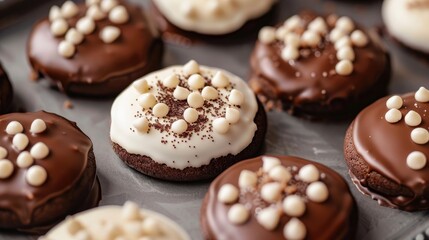 Chocolate rounds topped with white icing decorations