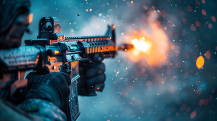 A man firing an assault rifle close-up