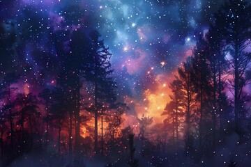 A magical twilight scene with glittering stars above a forest path illuminated by an ethereal glow