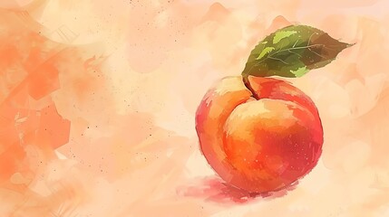 Wall Mural - A watercolor painting of a peach. The peach is ripe and juicy, with a smooth, velvety skin. The stem is green and leafy.