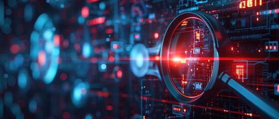 High-tech magnifying glass focused on digital network data, representing cybersecurity, data analysis, and digital investigations.