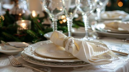 Wall Mural - Plates and cutlery for a festive dinner, with creatively folded napkins on the mantelpiece. generative ai