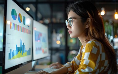 Wall Mural - A woman is sitting in front of two computer monitors, one of which is displaying a graph. She is wearing glasses and she is focused on the data on the screen. Concept of concentration and productivity