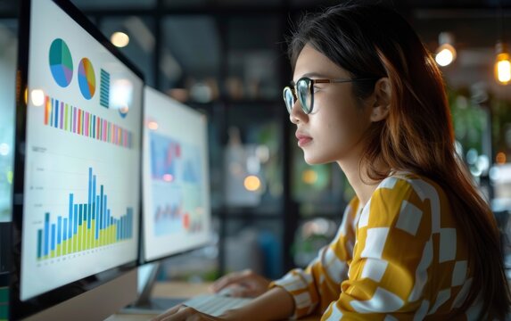 A woman is sitting in front of two computer monitors, one of which is displaying a graph. She is wearing glasses and she is focused on the data on the screen. Concept of concentration and productivity