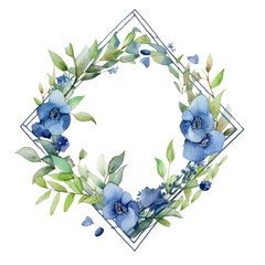 Wall Mural - Watercolor floral frame with blue flowers and green leaves on white background. Wedding invitation and springtime concept. Design for greeting card, wedding stationery, and botanical print. AIG35.