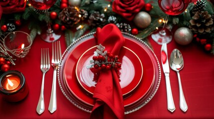 Wall Mural - Plates and cutlery for a festive dinner, with creatively folded napkins on the mantelpiece. generative ai