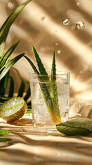 Wall Mural - Luxurious Aloe Vera Skincare Product on Glass Background with Soft Lighting