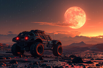 Wall Mural - Futuristic Modified SUVs on Mars at Night with Moonlit Landscape Exploration and Technology Concept