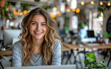 Wall Mural - A woman with long brown hair is smiling at the camera. She is sitting at a table with a laptop and a potted plant in front of her. The scene suggests a casual and relaxed atmosphere
