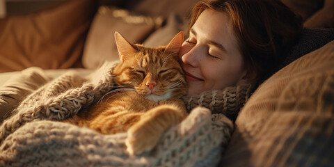 cheerful teenage girl scratching her ginger tabby cat’s face while sitting with blanket on sofa toge