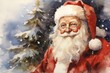 © juliars - Artistic watercolor illustration of a cheerful santa claus with a snowy christmas tree backdrop