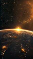 Aufkleber - Sunrise over Earth from space with illuminated city lights and stars. High-resolution digital artwork. Astronomy and space exploration concept.