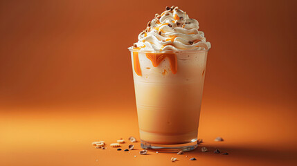 Wall Mural - A glass of coffee with whipped cream and a caramel drizzle on top